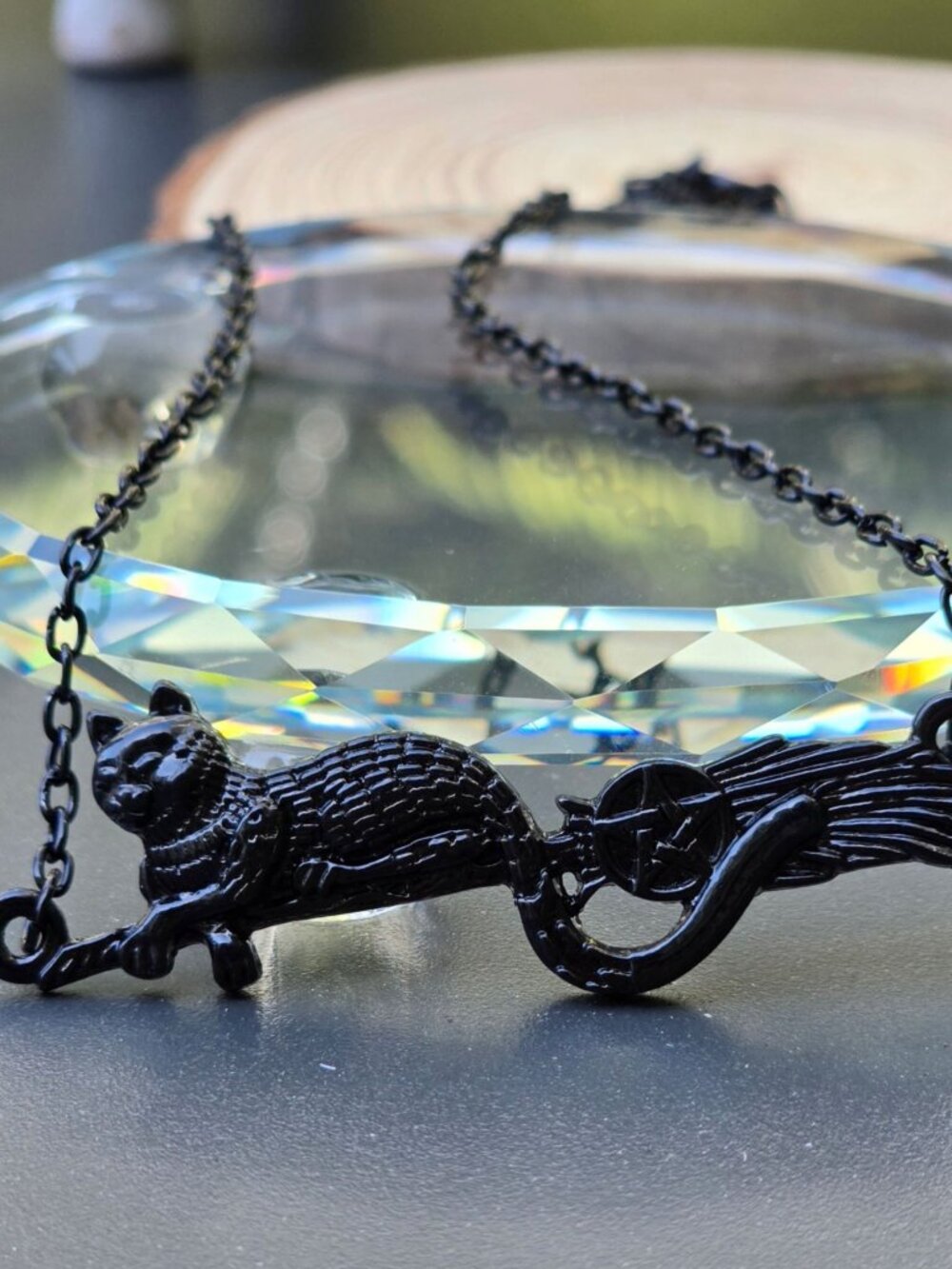 Cat on Broom ✦ Witch Familiar Pendant ✦ Gothic Alt Celestial Necklace NWT - Picture 4 of 8